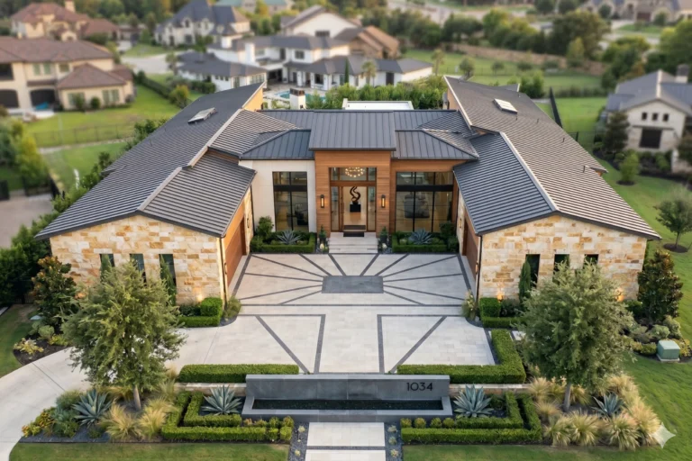Luxury modern home in Westlake Texas with stone exterior, metal roof, custom driveway, and landscaped front yard in DFW Metroplex