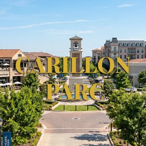 Carillon Parc Southlake town center with bell tower and upscale shops