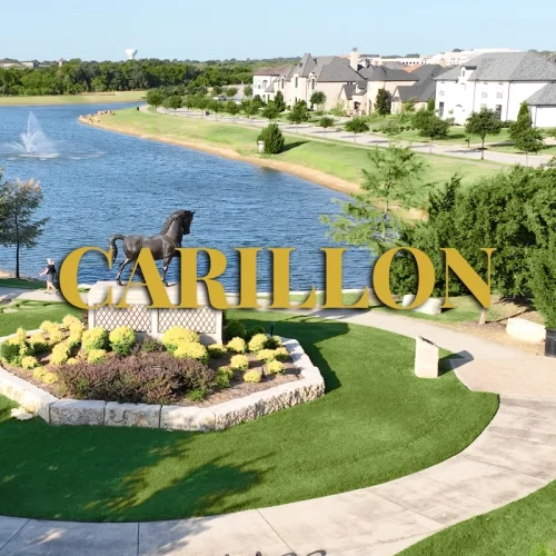 Carillon neighborhood waterfront with horse statue and luxury homes in Southlake Texas