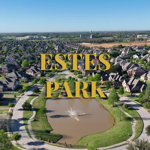 Aerial view of Estes Park Southlake neighborhood with pond and surrounding homes