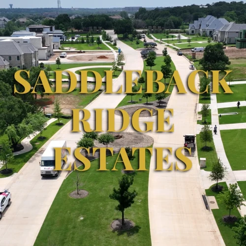 Saddleback Ridge Estates Southlake neighborhood aerial with landscaped streets and luxury homes